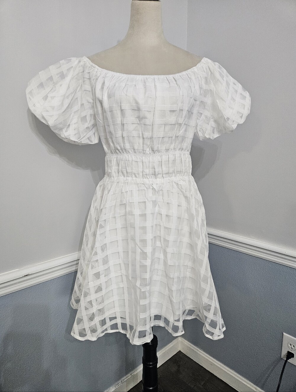 White Off-Shoulder Grid-Texture Midi Dress